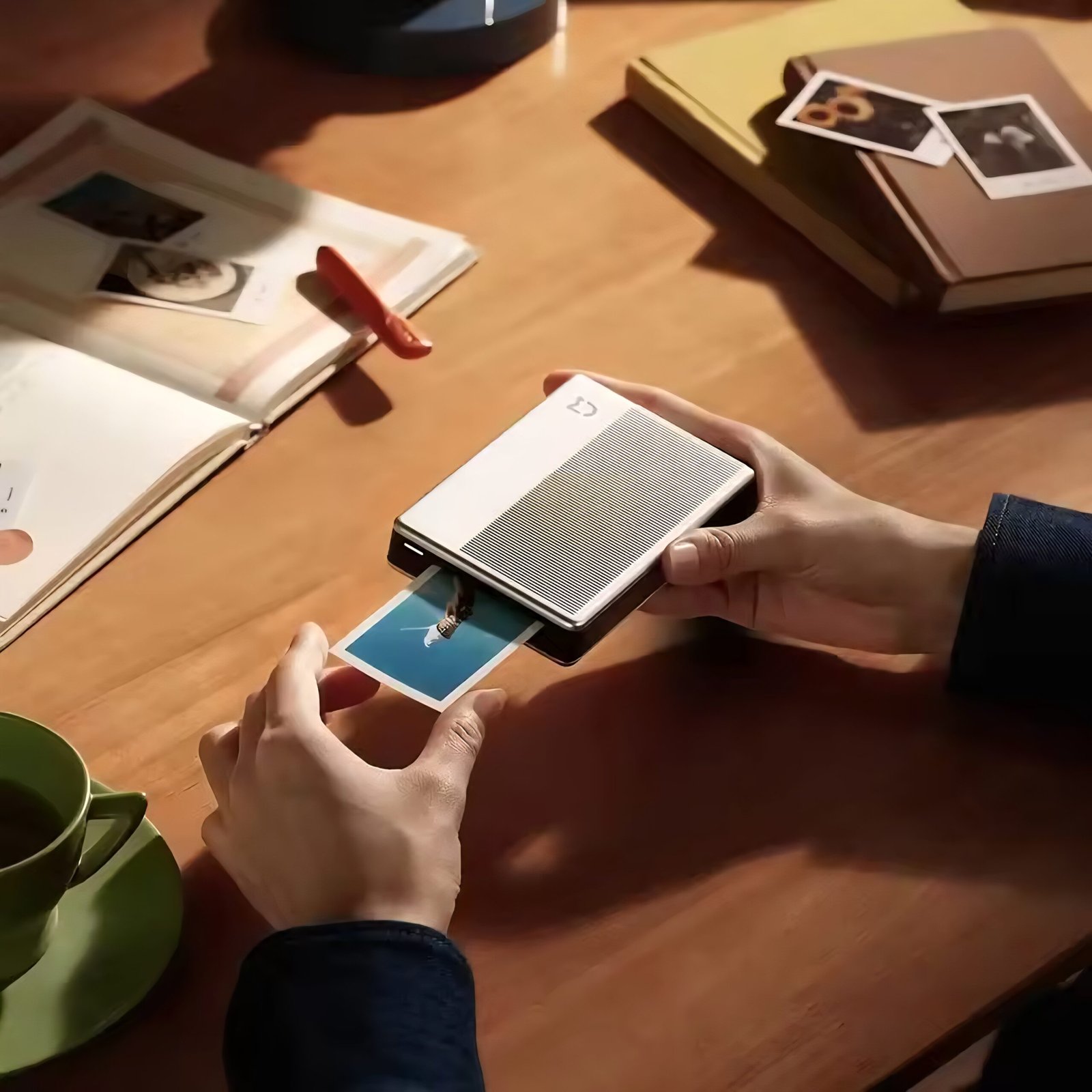 Xiaomi Mijia Photo Printer 1S outputting a 3-inch instant photo on a wooden desk