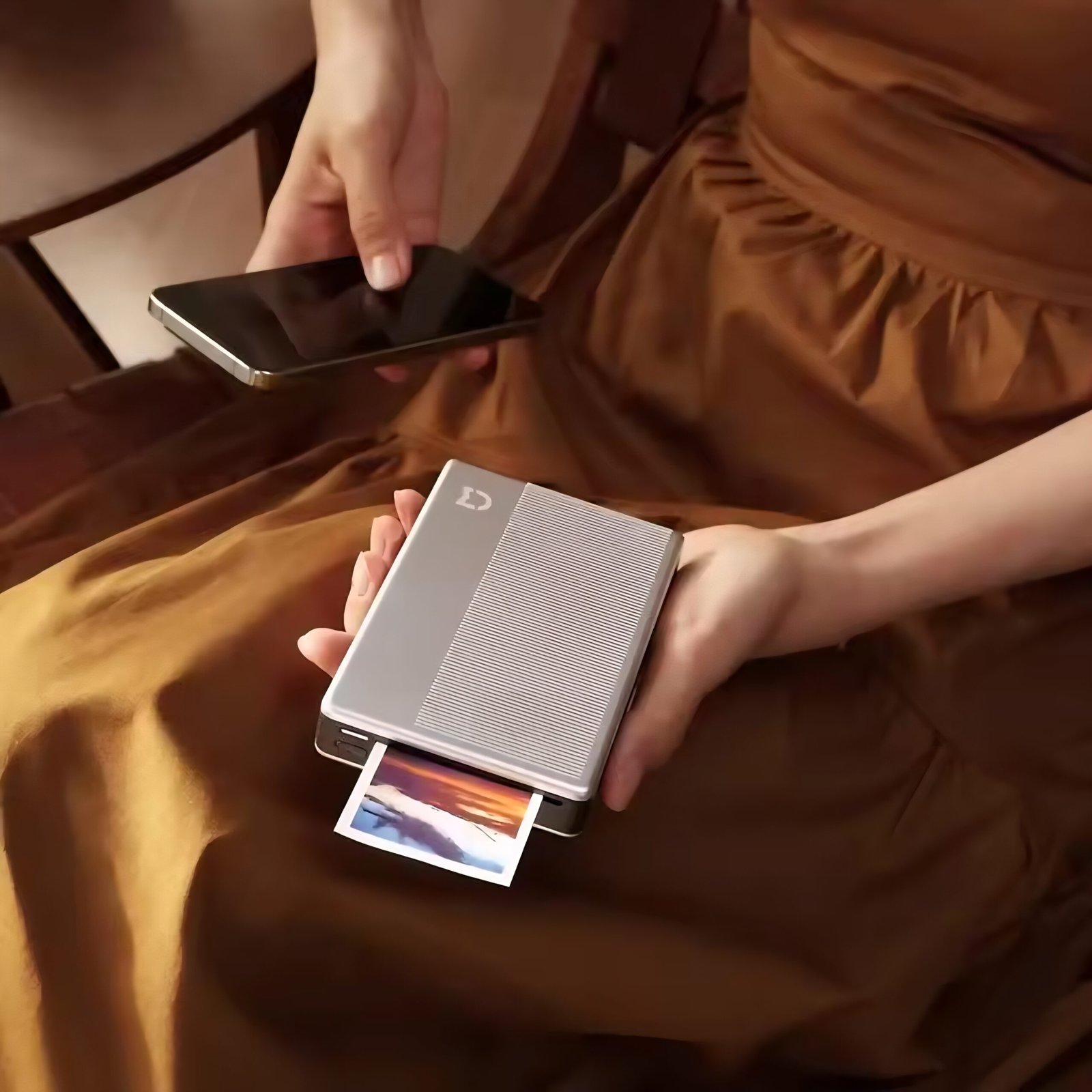 Person using smartphone app to control Xiaomi mini portable printer for AR video photos