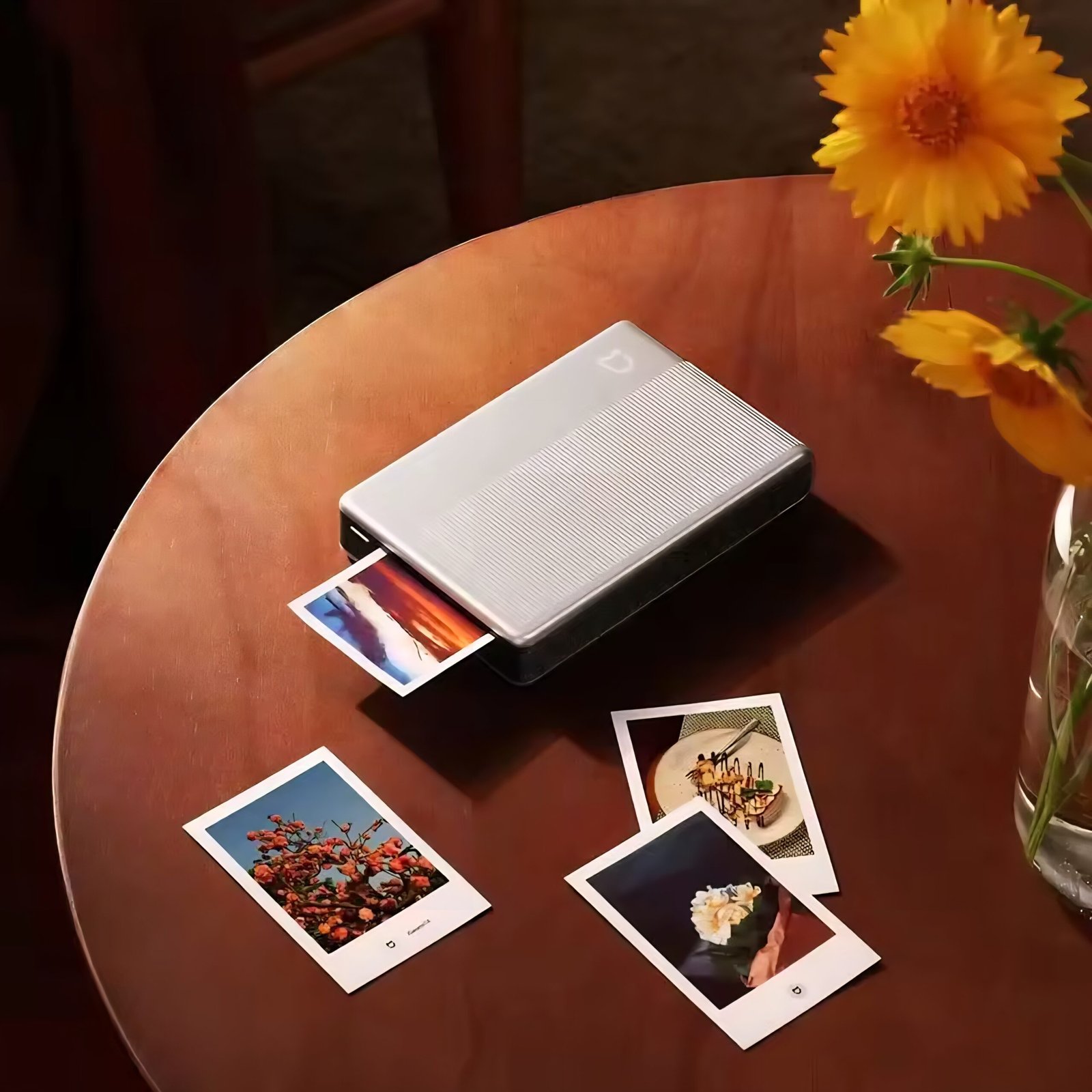 Hands holding a printed sticky-back photo from the Xiaomi pocket-sized photo printer.