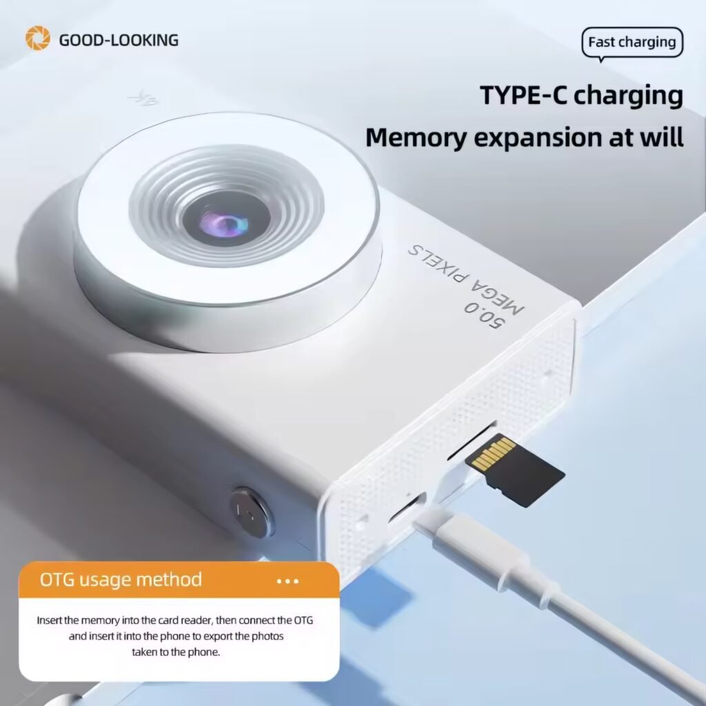 Close-up of the retro digital camera's back, showing the USB-C charging port and memory card slot.