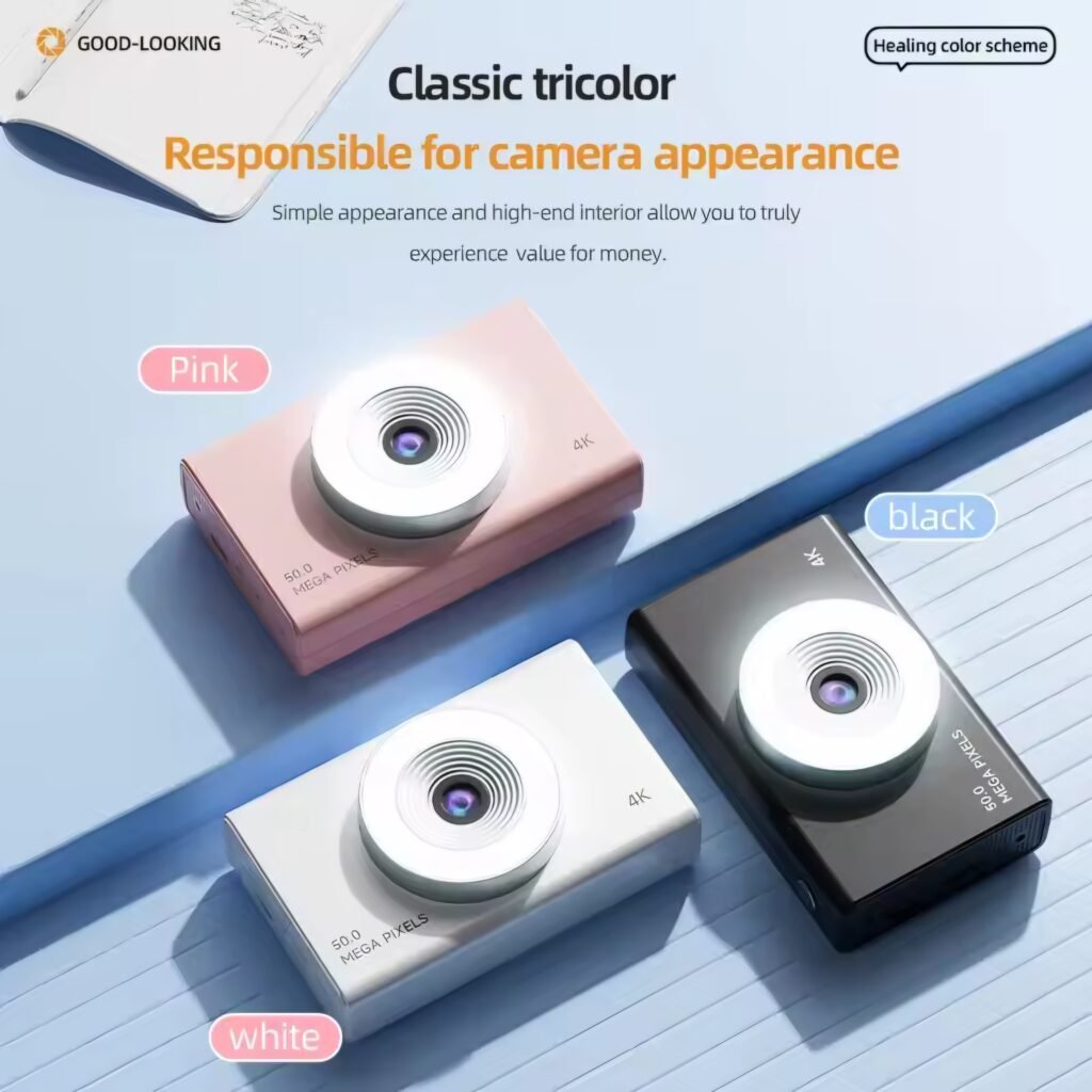 Color options for the TikTok viral camera including pink, black, and white
