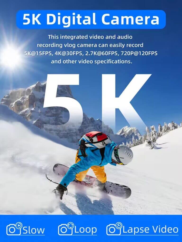 Using the Xiaomi 5K digital camera for action sports with slow, loop, and time-lapse video modes.