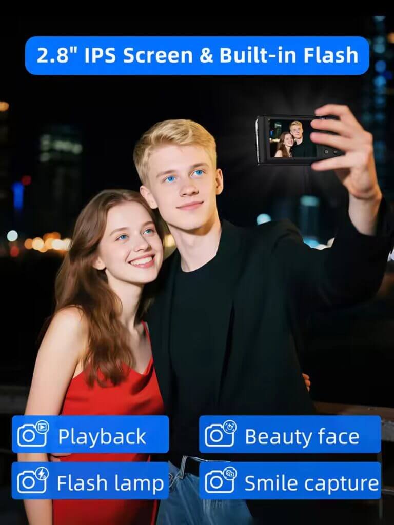 Couple taking a selfie with the Xiaomi 5K digital camera's built-in flash and 2.8-inch screen.