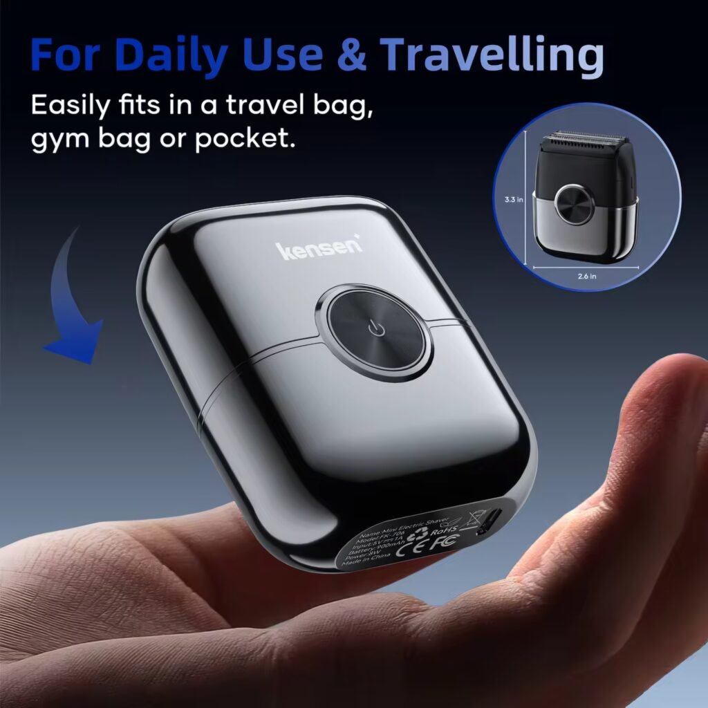Holding the Kensen S26, the best portable electric shaver for daily use and travelling.
