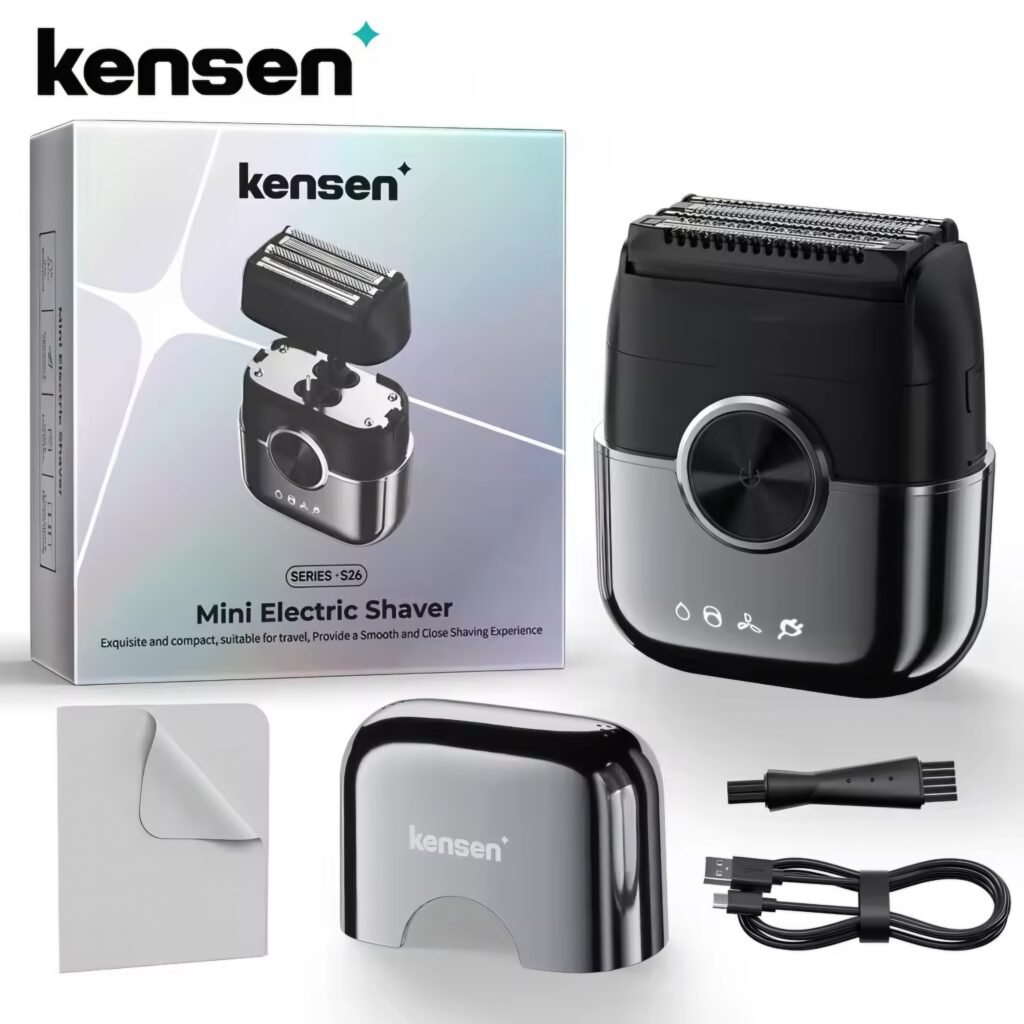 The Kensen S26 electric shaver shown with its official packaging.