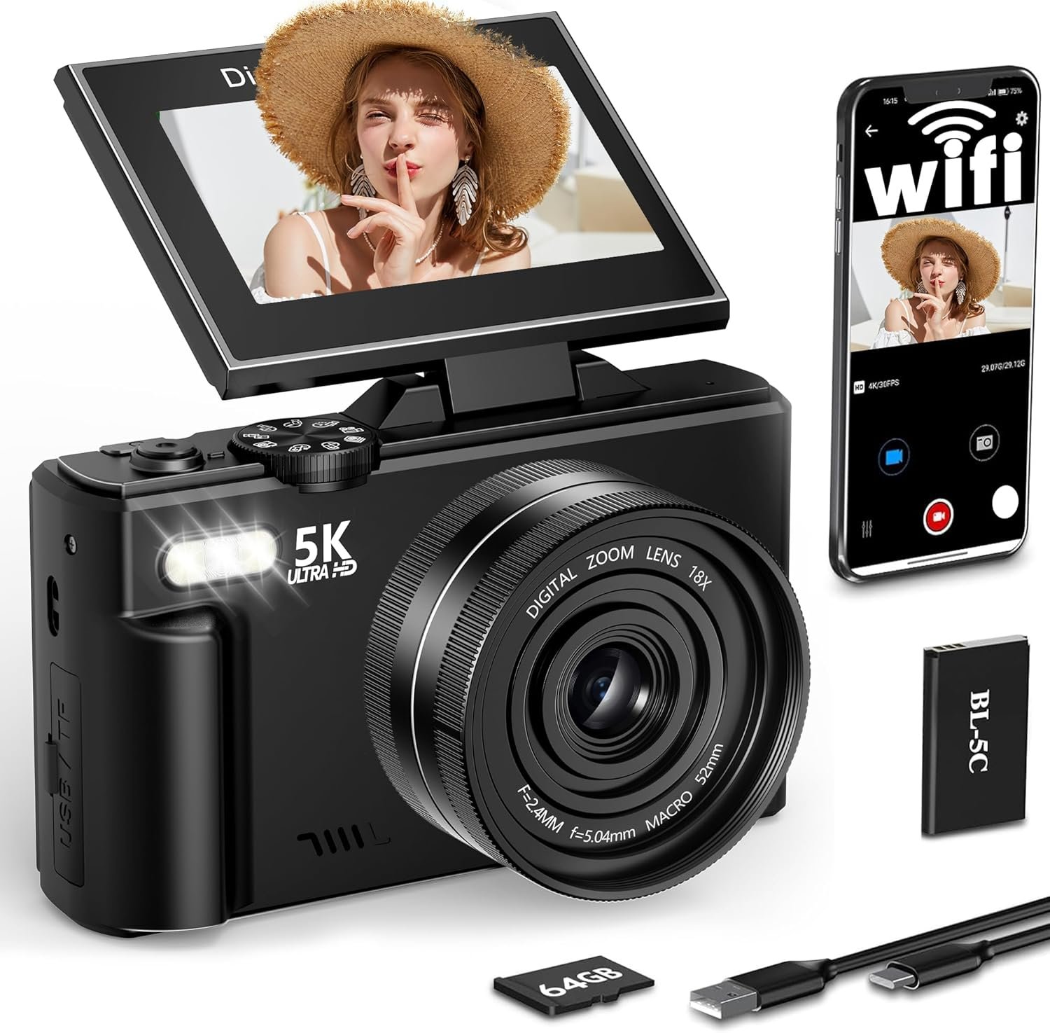 Xiaomi 5K Digital Camera Review showing the black retro camera with 180 degree flip screen and WiFi smartphone connectivity features