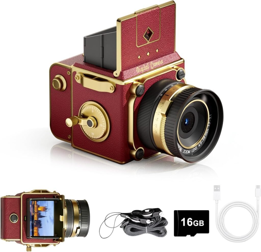 A red and gold vintage aesthetic digital camera featuring a retro design, shown with accessories including a 16GB MicroSD card, neck strap, and charging cable