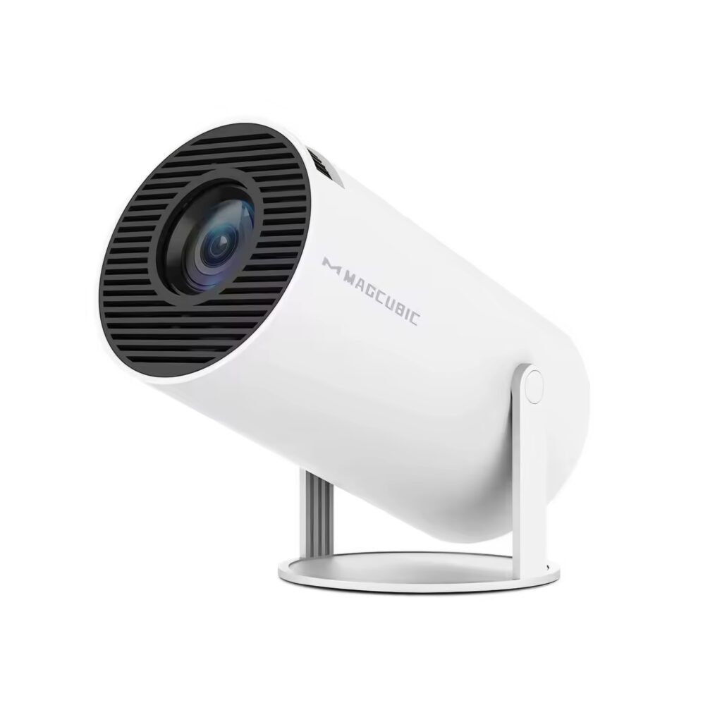 Close-up of the white Magcubic HY300 projector, a Samsung Freestyle alternative.
