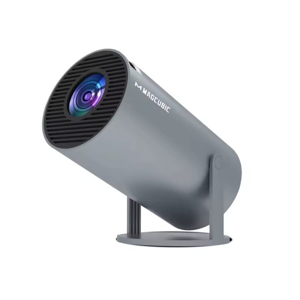 Angled view of the Magcubic HY300 mini projector in grey.