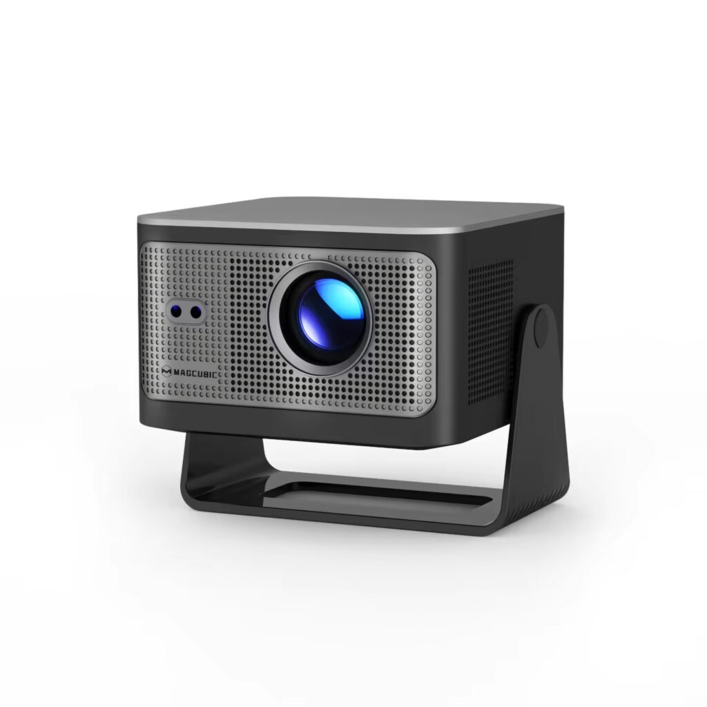 A clean product shot of the Magcubic HY350Max smart projector on its stand, viewed from the side