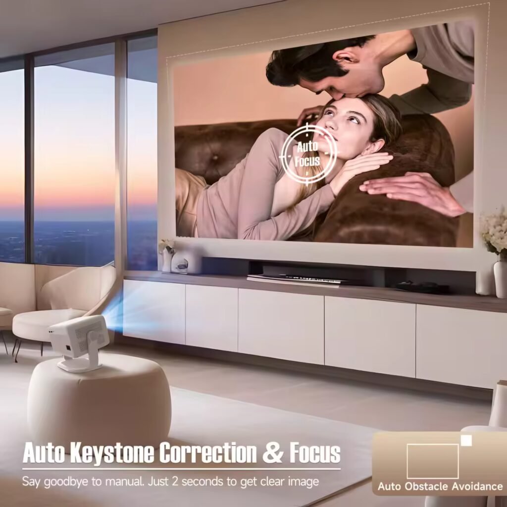 A person easily setting up the Magcubic L018 from a side table, highlighting the projector's auto keystone correction and focus feature.