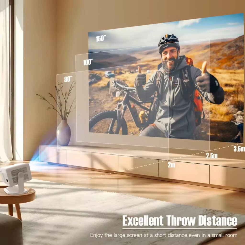 The Magcubic L018 projector creating a large screen image of a mountain biker, illustrating its excellent throw distance in a living room.