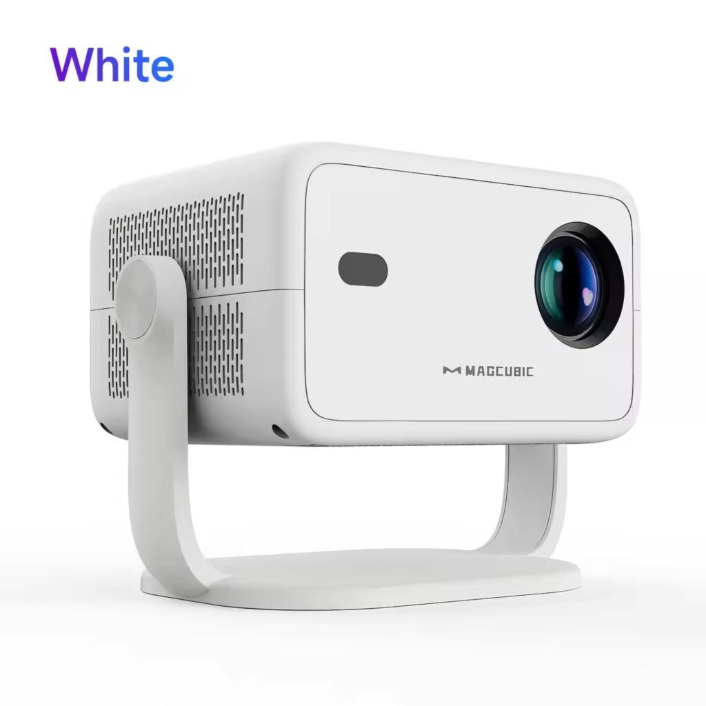 A clean, angled product shot of the white Magcubic L018 smart projector on its rotating stand