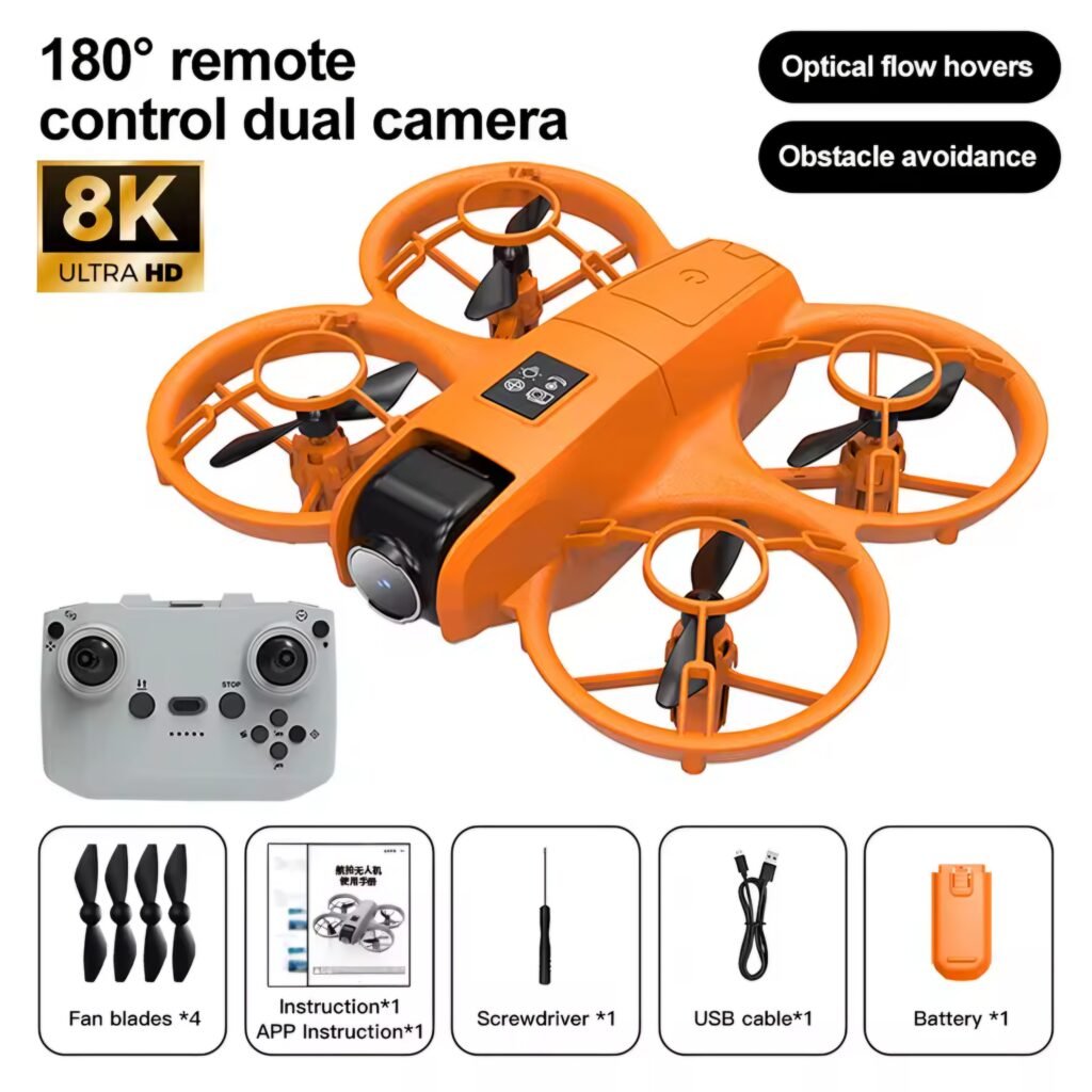 4DRC V2 Orange Drone close up with Optical Flow and accessories list