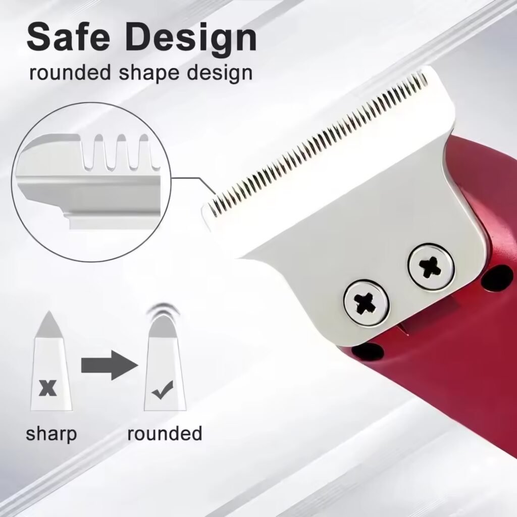 A diagram showing the safe design of the CHAORER mini hair trimmer's rounded T-blade for skin-friendly grooming.