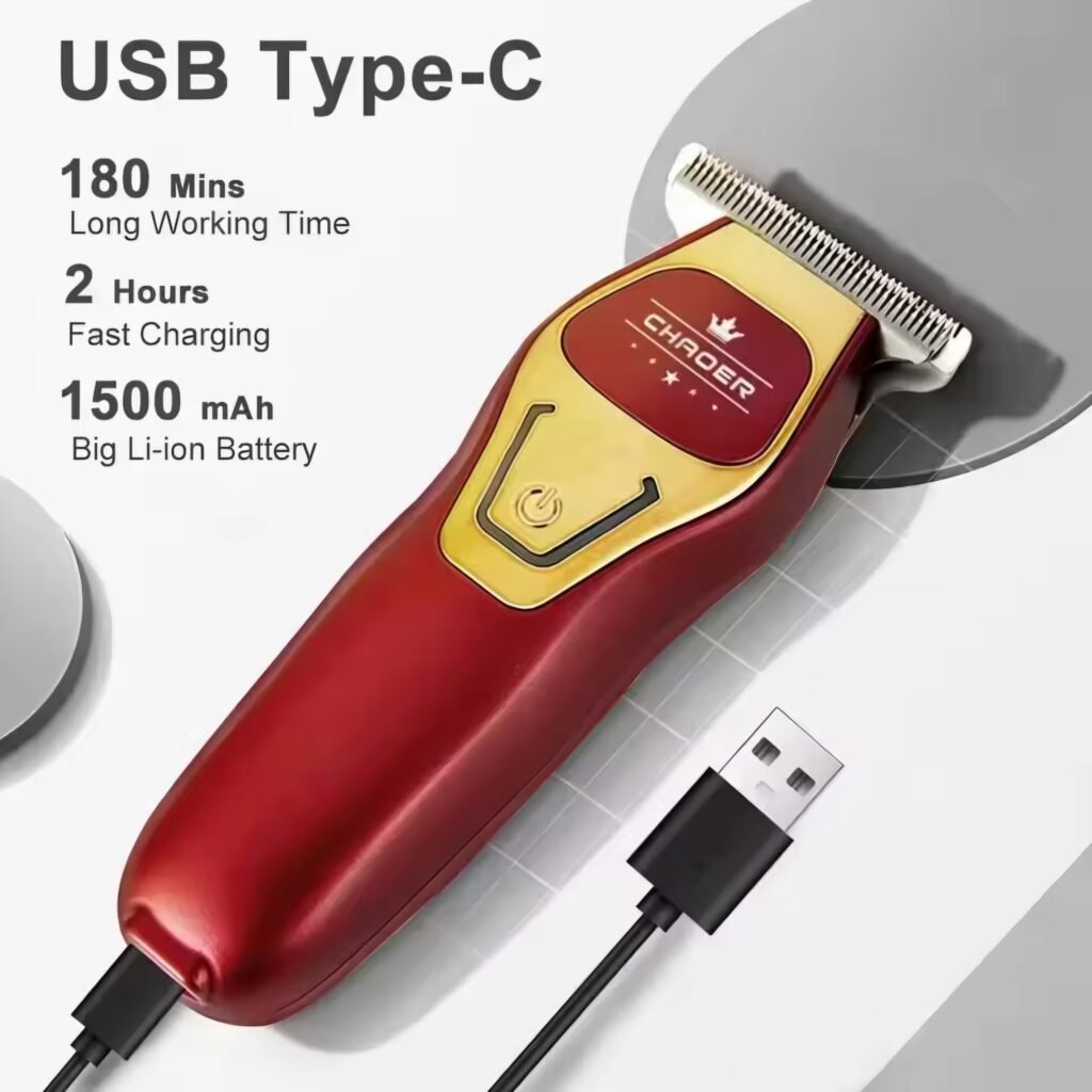The red CHAORER mini hair trimmer being charged with a modern USB Type-C cable, highlighting its fast charging feature.