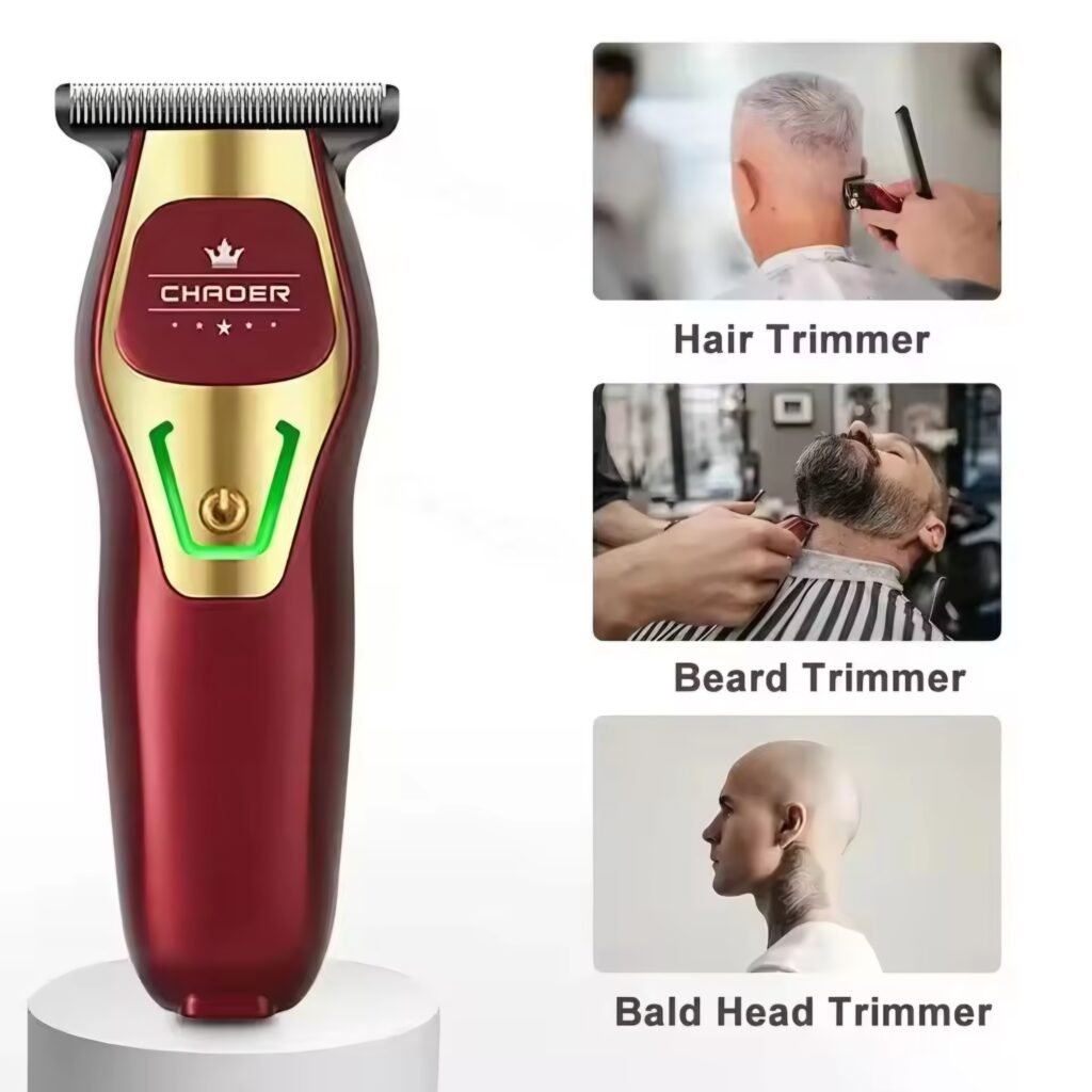 A collage showing the different uses of the CHAORER mini trimmer, including as a hair trimmer, beard trimmer, and bald head trimmer.