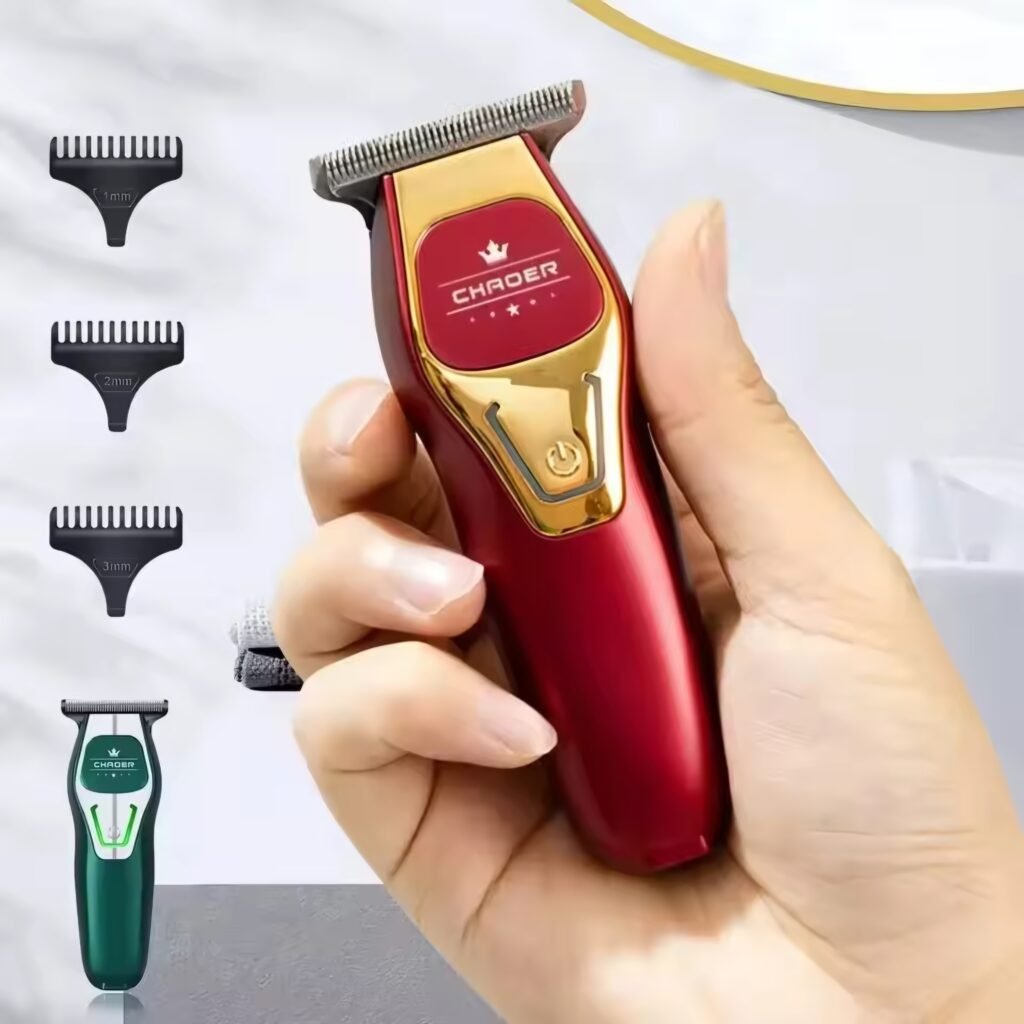 A hand holding the red CHAORER mini hair trimmer, demonstrating its compact and ergonomic size for easy handling.
