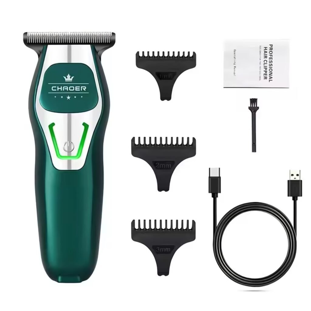 The CHAORER mini hair trimmer shown with its included accessories: three guide combs, a cleaning brush, and a USB charging cable