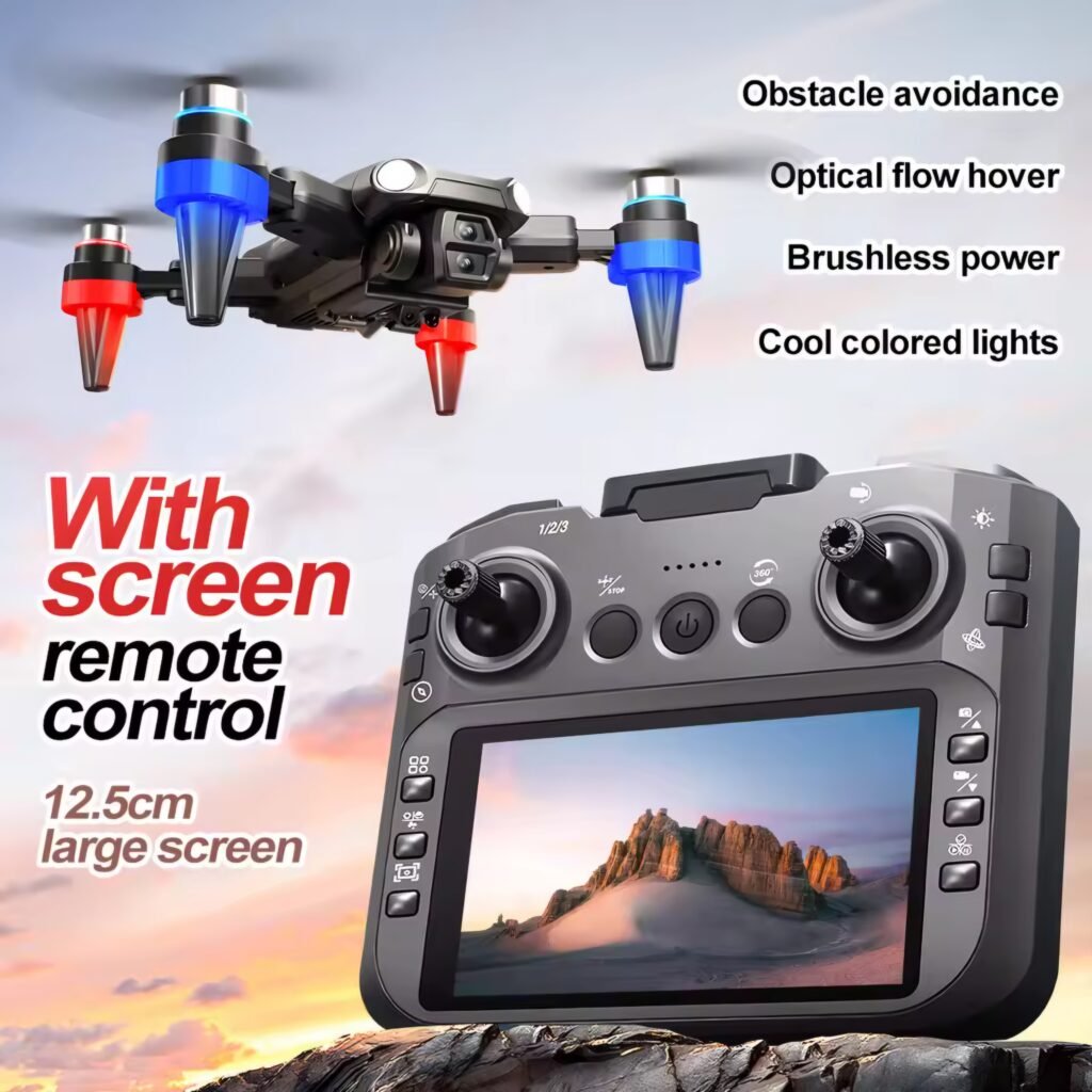 Xiaomi M9 drone with screen remote controller showing real-time FPV video feed