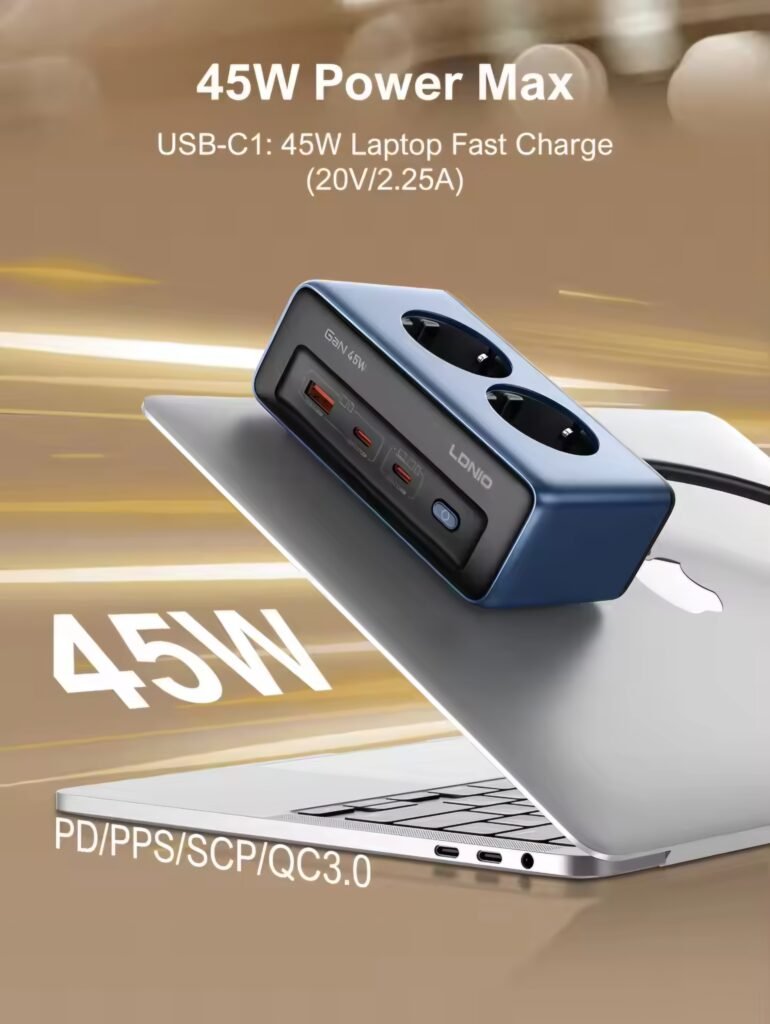 LDNIO 45W GaN Power Strip fast charging a laptop via USB-C PD port