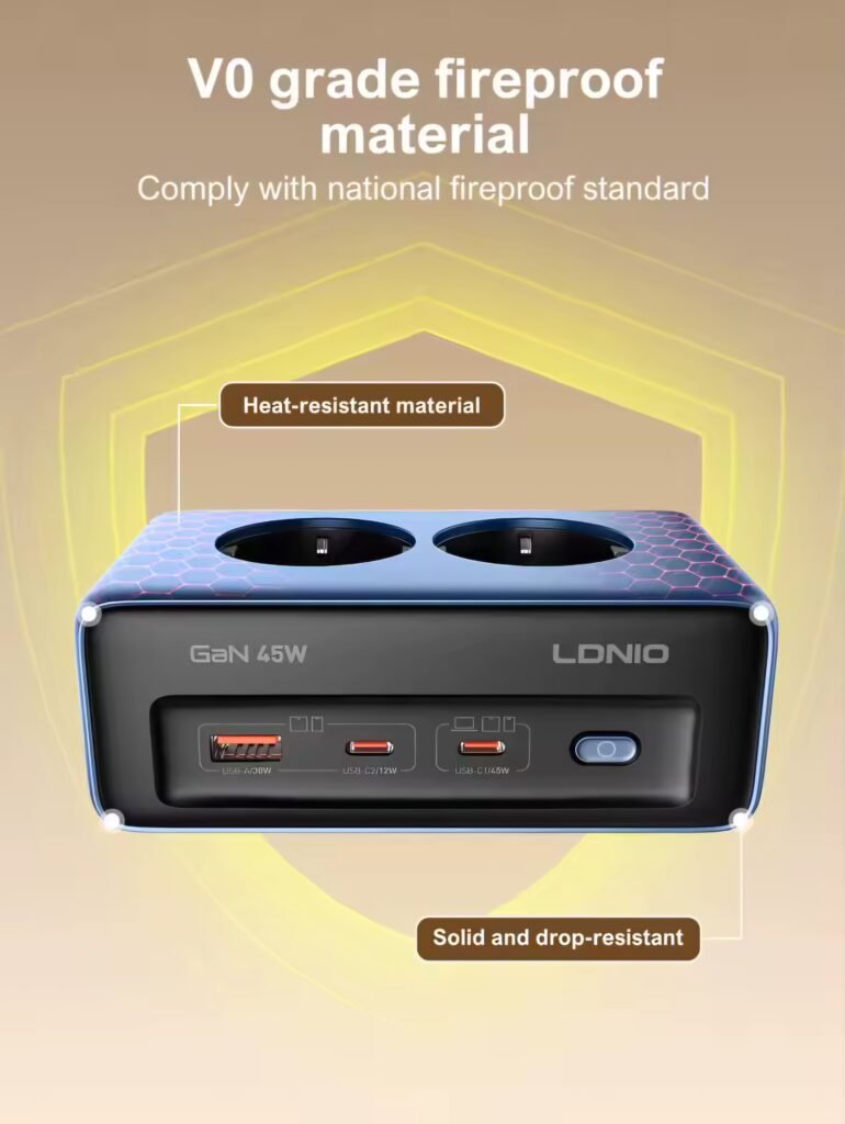 V0 grade fireproof heat resistant material of LDNIO 45W GaN Power Strip
