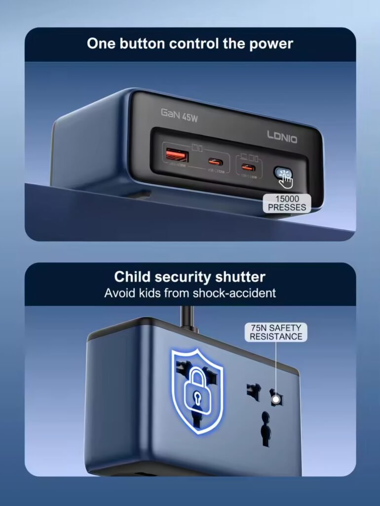 Safety features including master switch and child shutter on LDNIO power strip