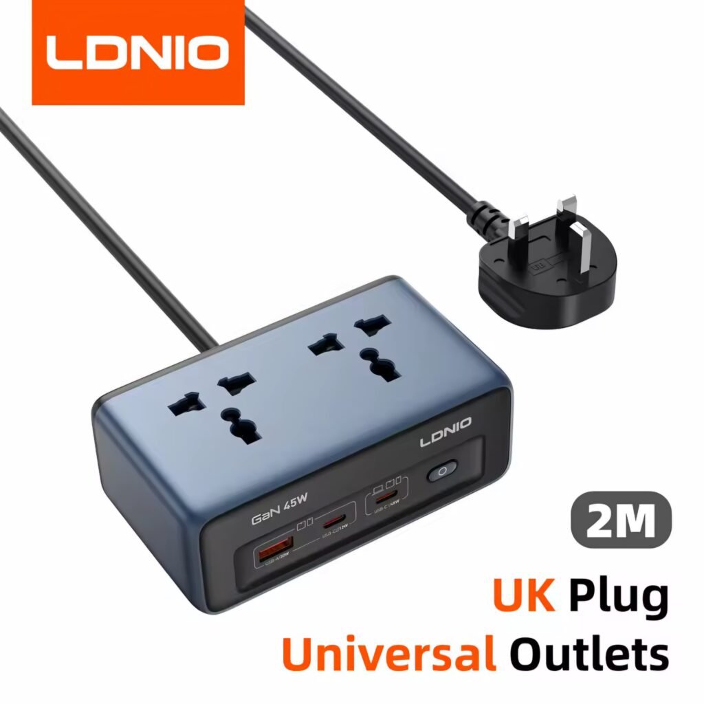 LDNIO 45W GaN Power Strip with UK plug and universal outlets