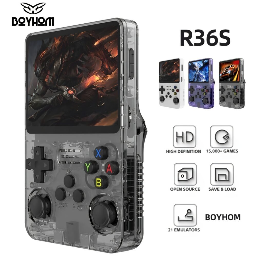 Boyhom R36S retro handheld game console transparent black review featured image