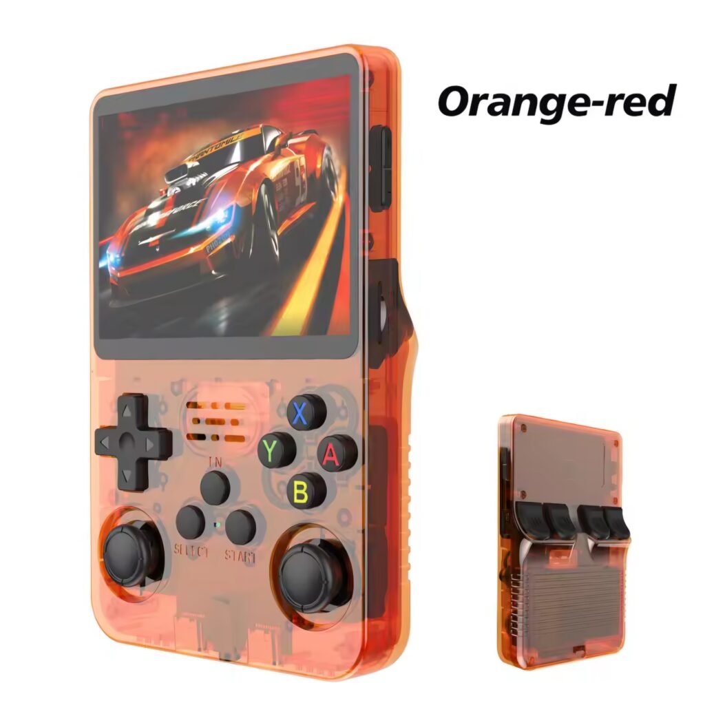 R36S retro handheld video game player orange color