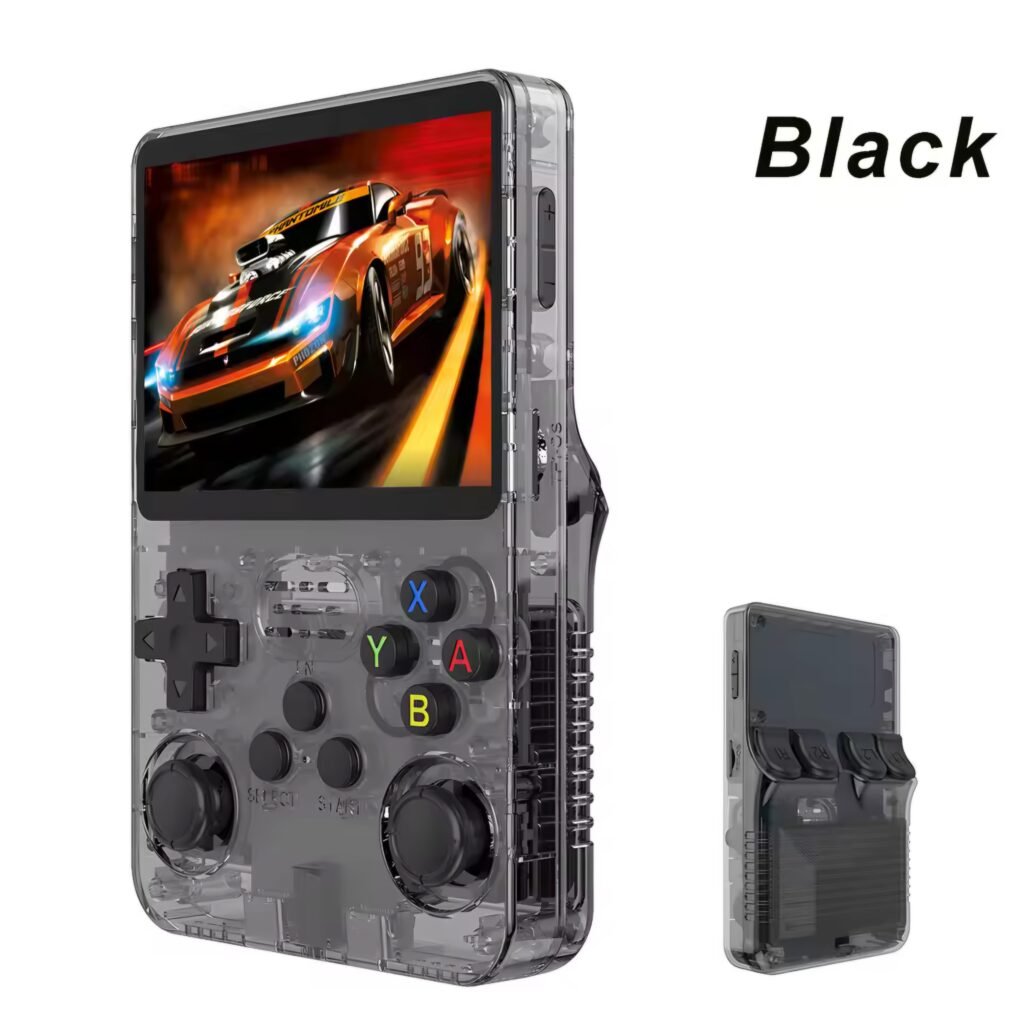 R36S retro gaming handheld black transparent edition