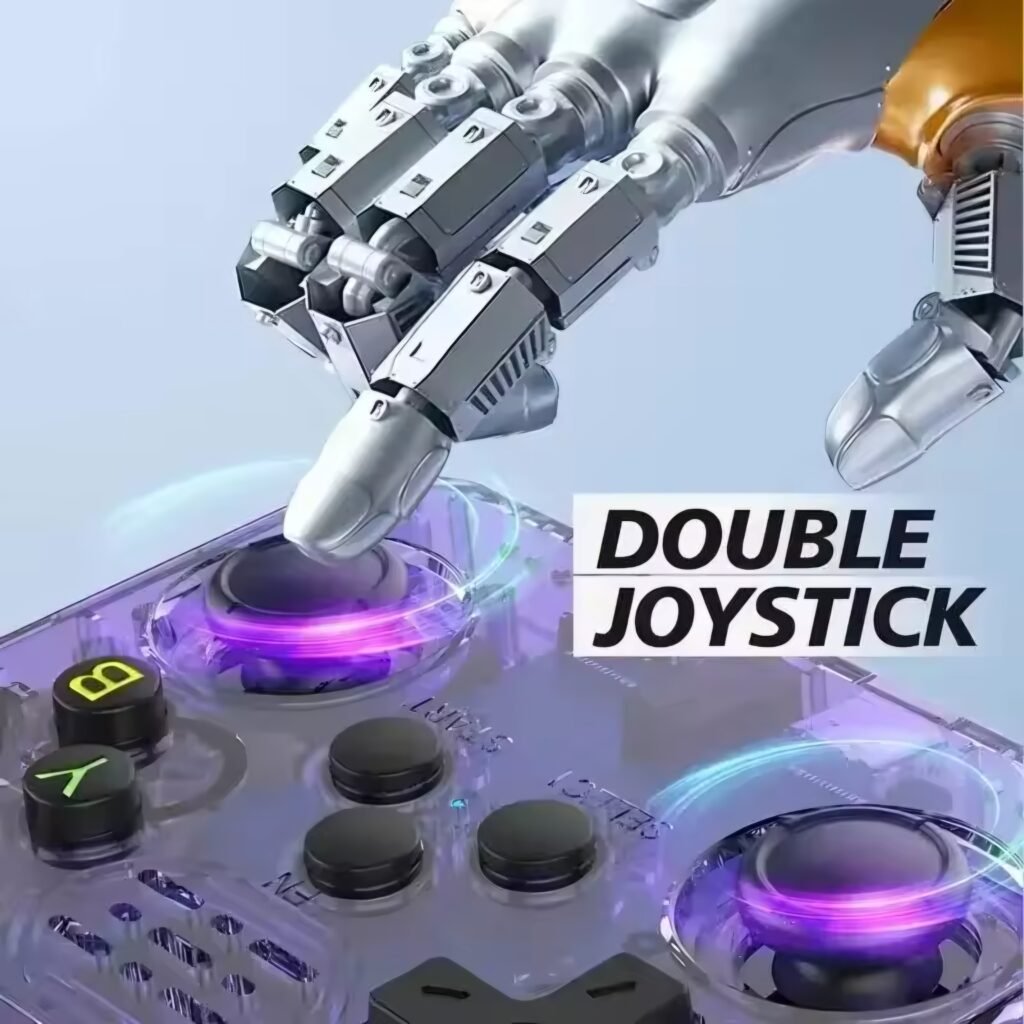 R36S handheld double 3D joystick controls close up