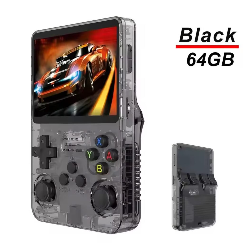 R36S retro handheld transparent black 64GB edition