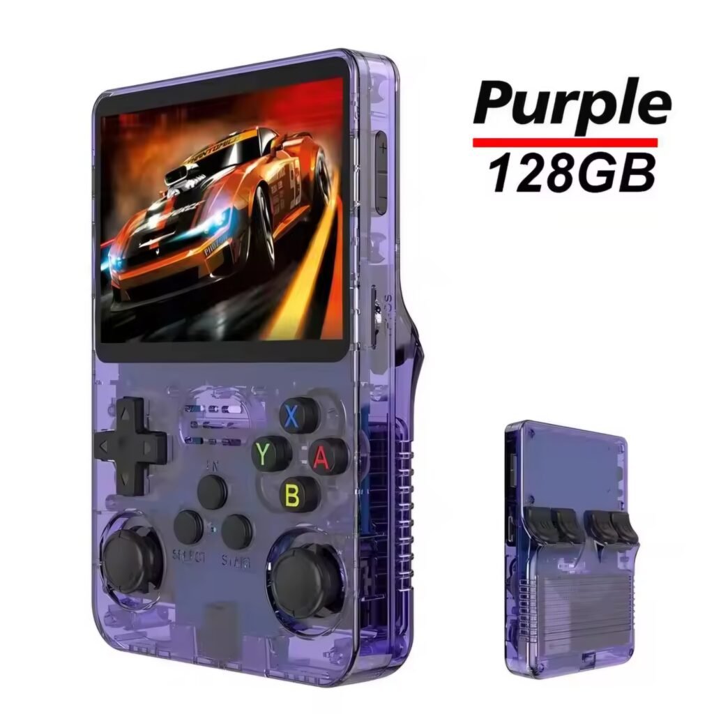 R36S handheld gaming device transparent purple 128GB