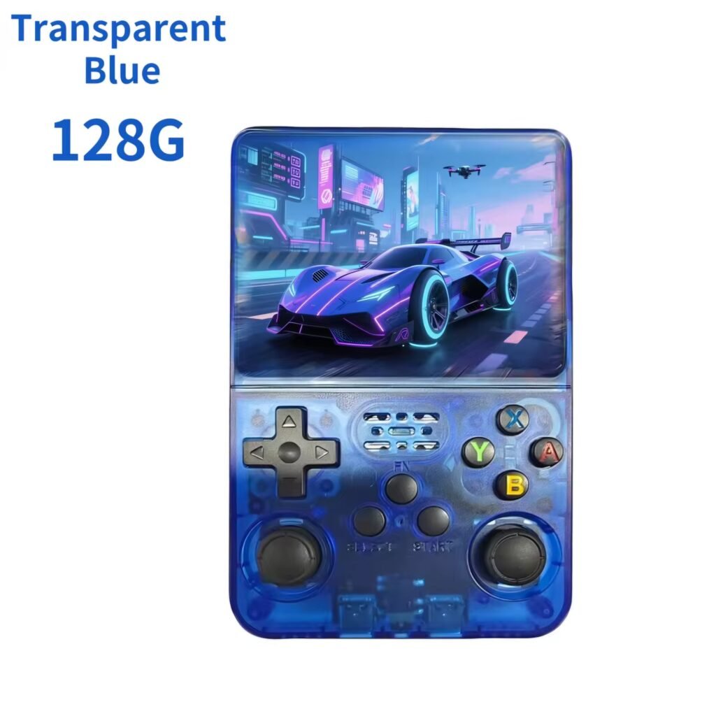 R36S retro handheld game console transparent blue 128GB