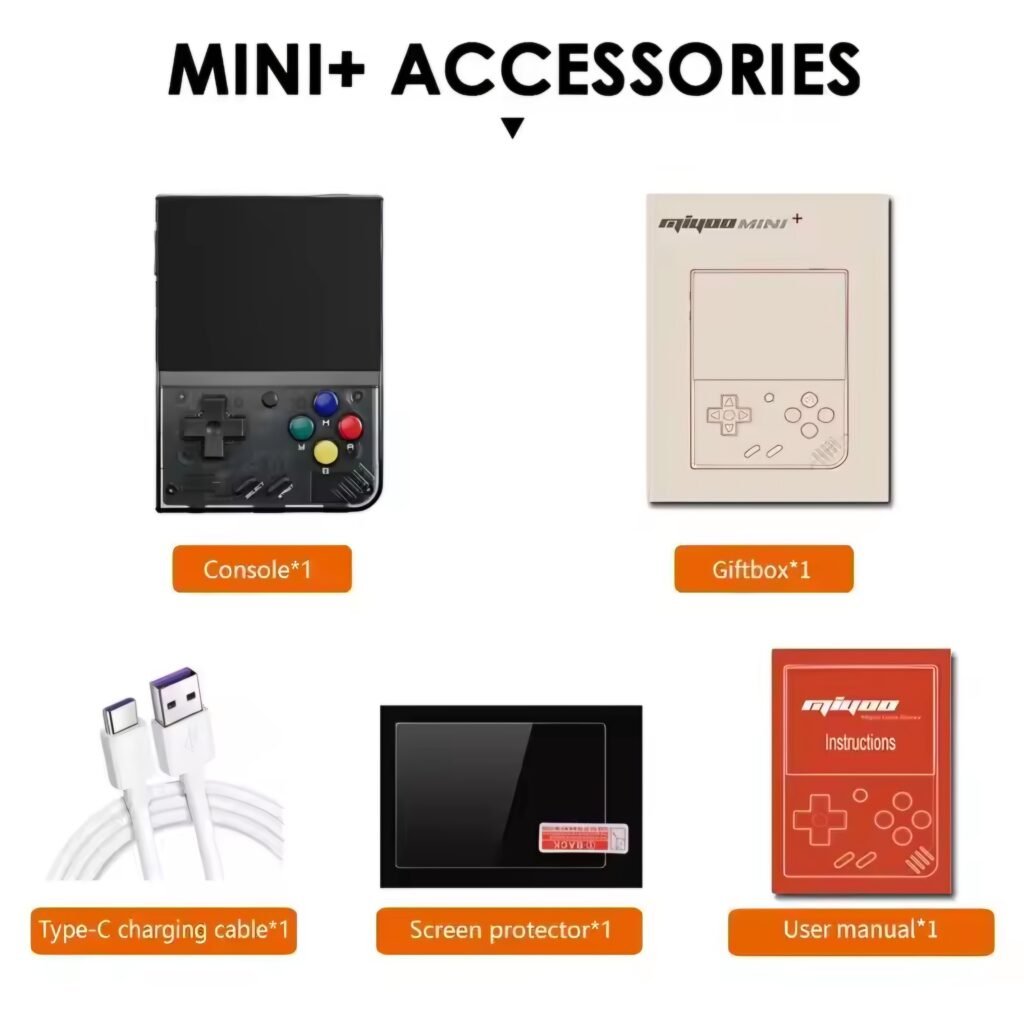 Miyoo Mini Plus package content with charging cable and screen protector