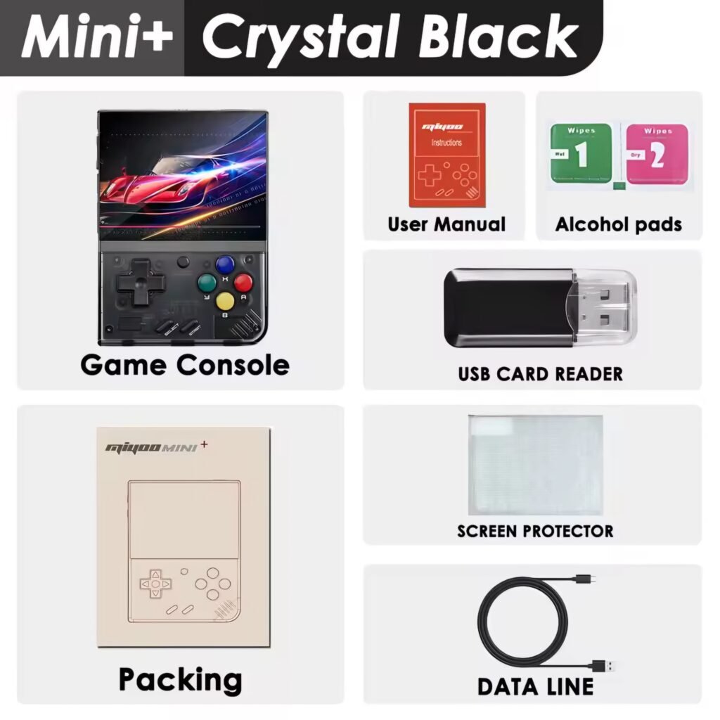 Miyoo Mini Plus package content with charging cable and screen protector