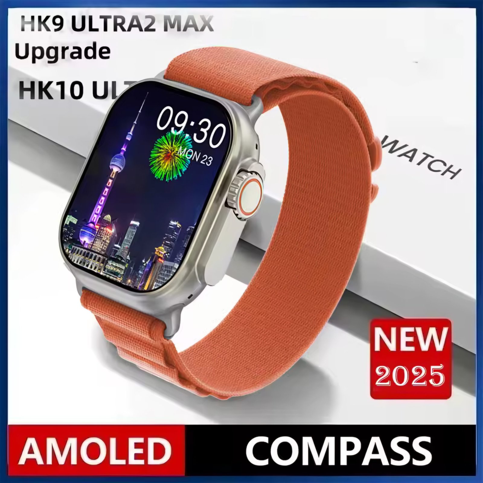 HK9 Ultra 2 Max smart watch with AMOLED screen orange strap