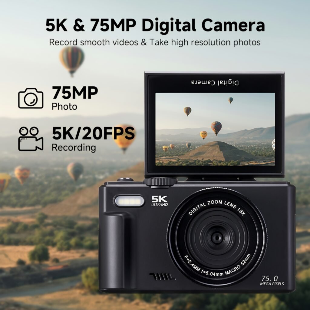 Amorus 5K 75MP digital camera flip screen features banner
