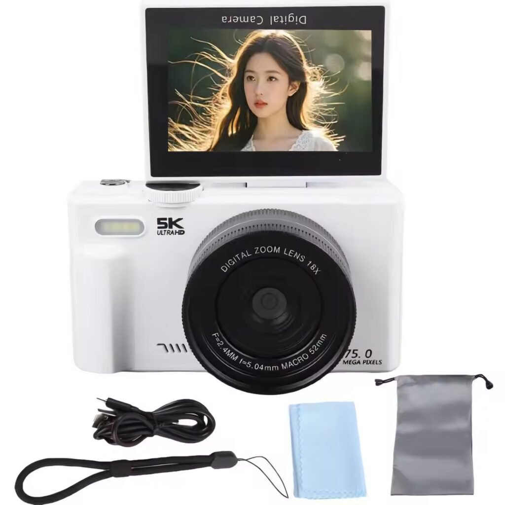 Budget 5K digital camera white color with flip screen up