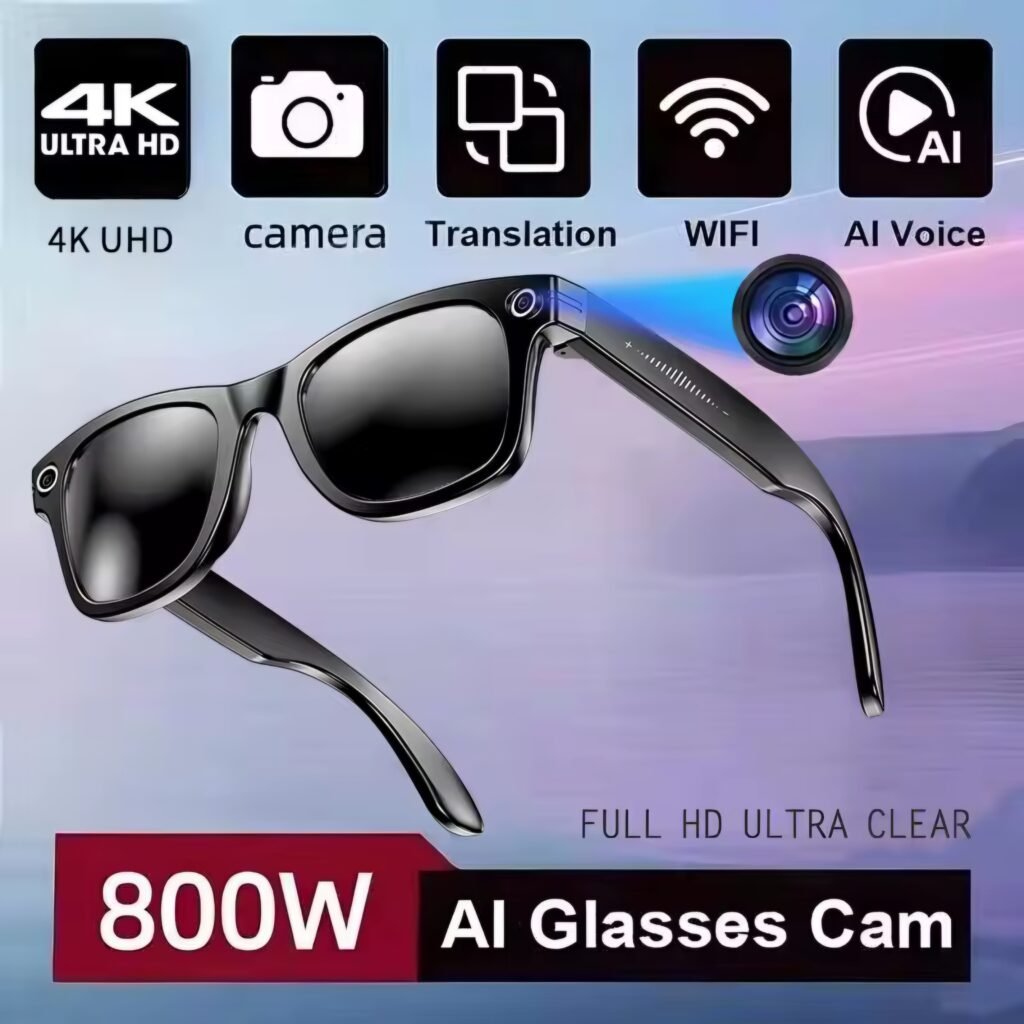 AI smart glasses features 4K UHD camera translation and wifi icons