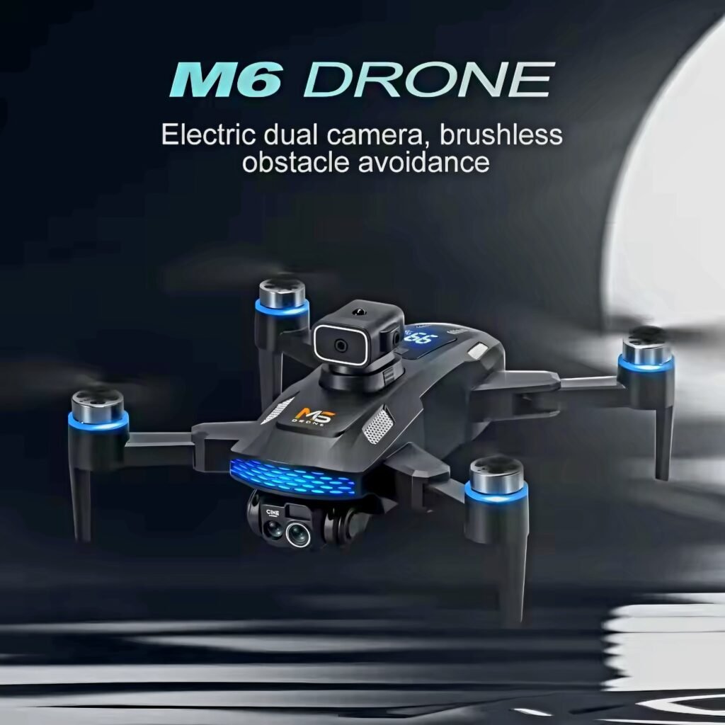 The M6 drone in flight, highlighting its electric dual camera and brushless obstacle avoidance system.