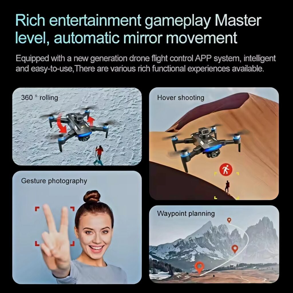 Collage of the M6 drone's entertainment gameplay features like gesture photography and hover shooting.
