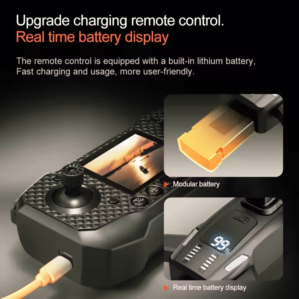 M6 drone remote control showing its upgrade charging feature and real-time battery display.