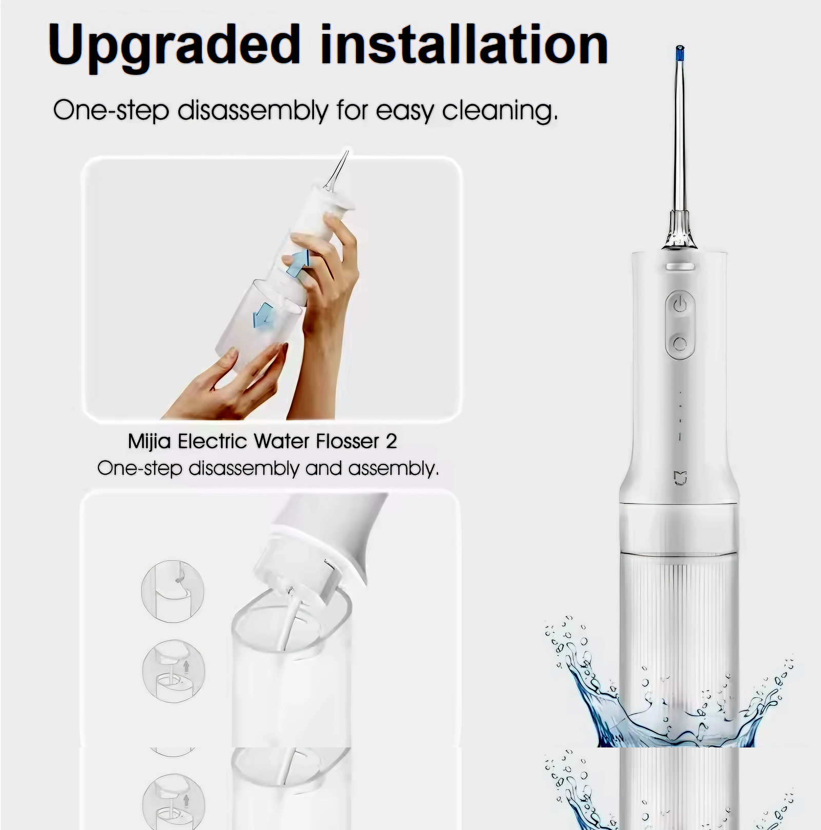 Diagram showing the easy installation and cleaning of the Xiaomi Mijia Oral Irrigator 2.