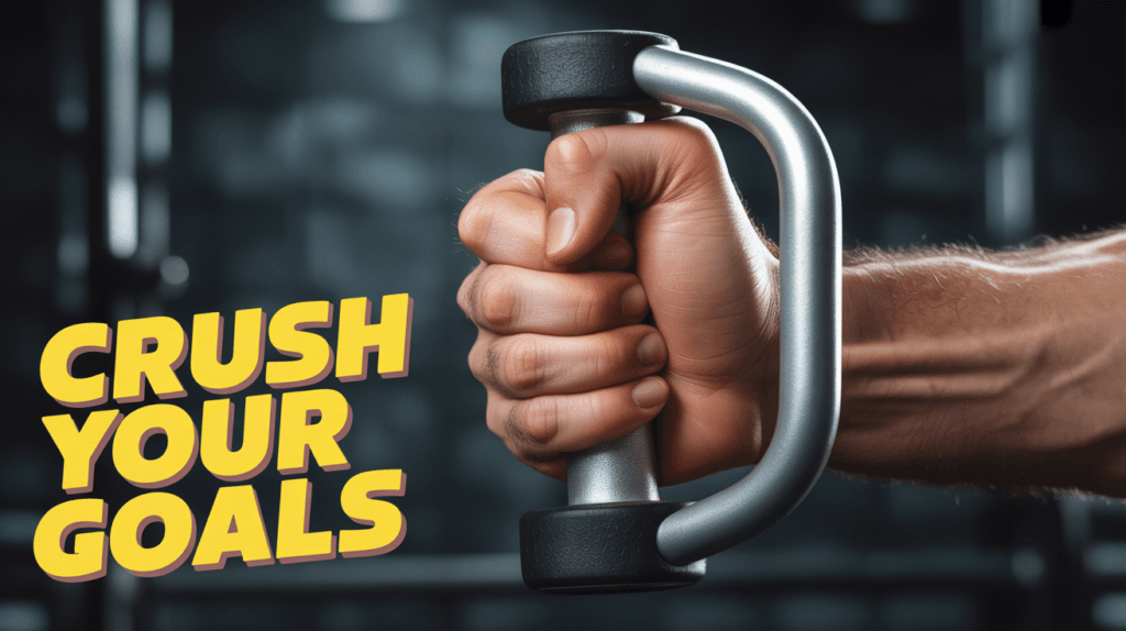 Motivational image showing a strong hand crushing goals with a dumbbell grip.