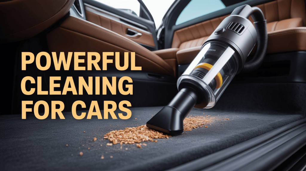 Demonstrating the powerful cleaning of the portable car vacuum on car floor mats.