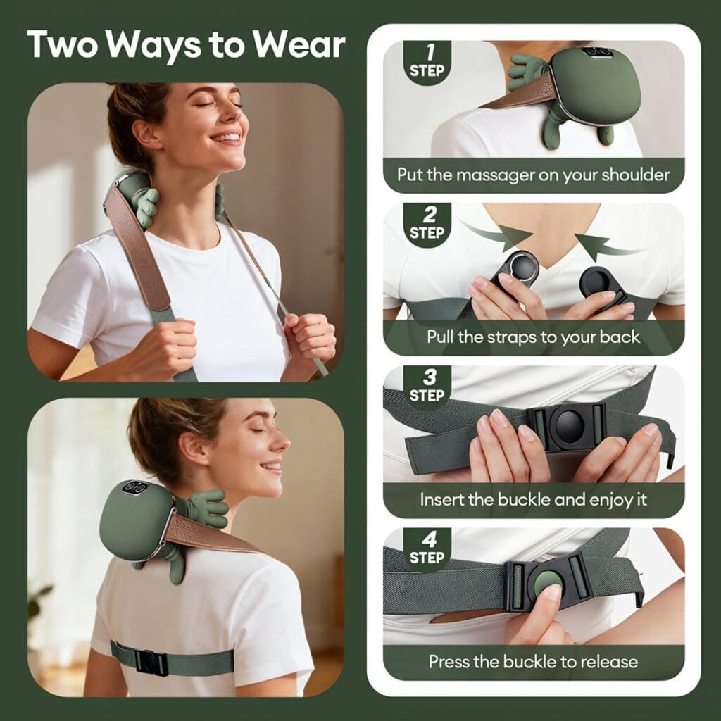 How to wear Hand-shaped Trapezius Massager with adjustable buckle straps