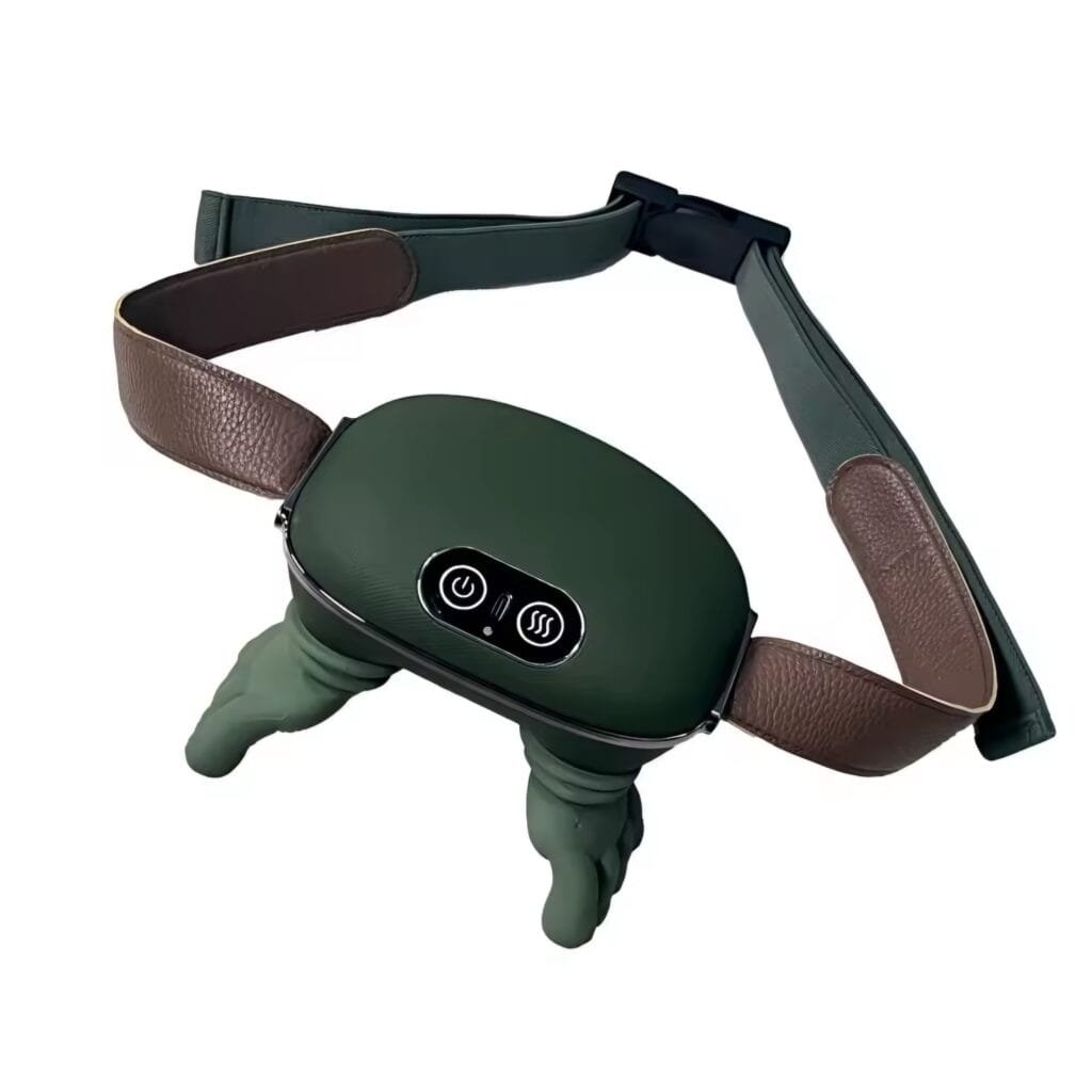 Hand-shaped Trapezius Massager with adjustable straps and heat control buttons
