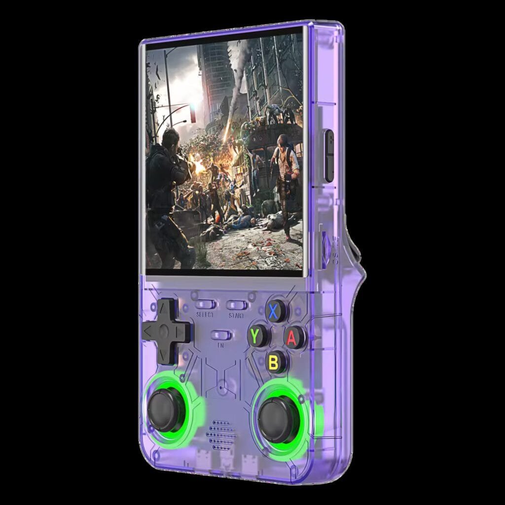 R36 Ultra Review: Purple transparent handheld console showing ergonomic design
